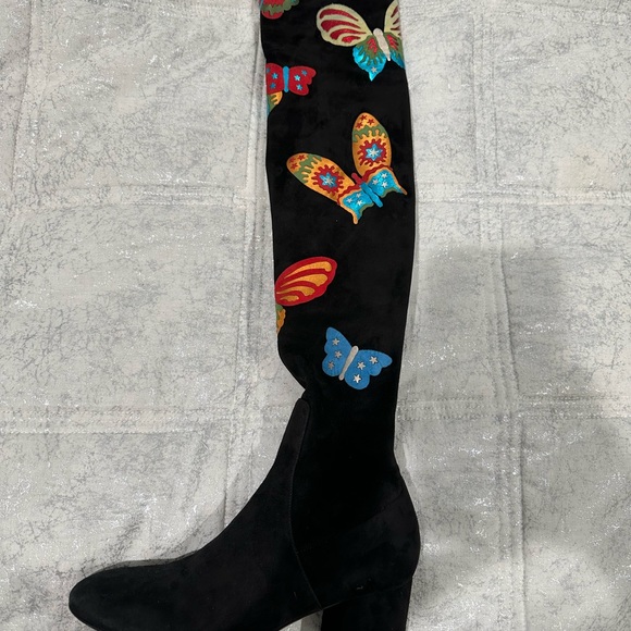 Valentino Black Suede W/Metallic Appliquéd Butterfly Boots IT37.5 - Picture 10 of 10